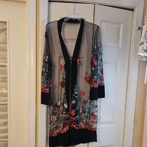 Floral Embroidered Sheer Kimono 42 Inches Long   20 Inches Across Pit To Pit.